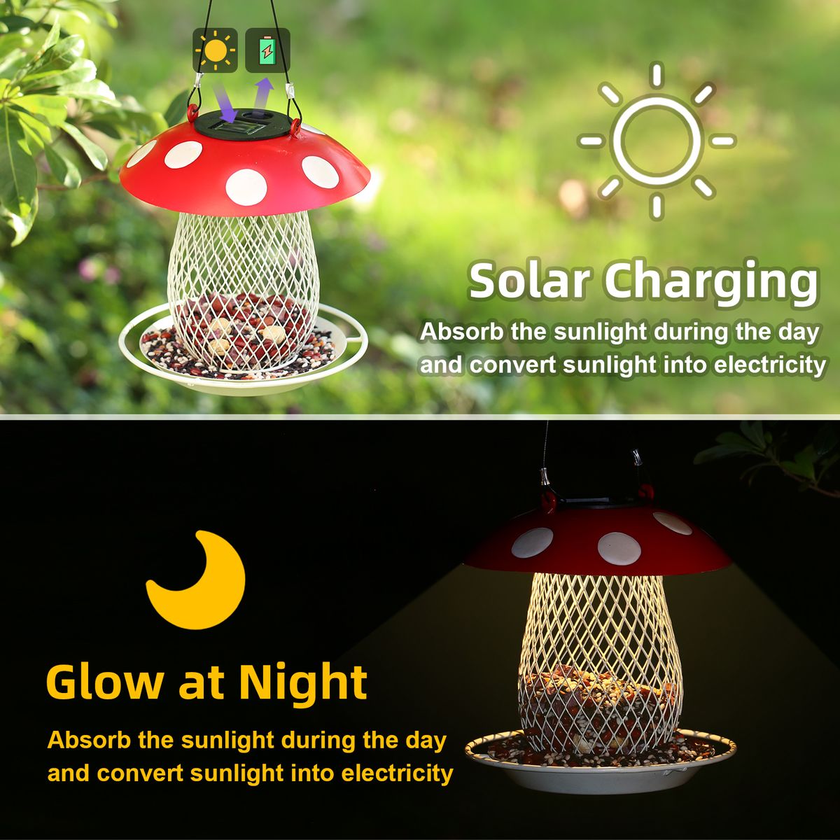 Tomfeel Mushroom Bird Feeder Solar Lamp Lights Wild Bird