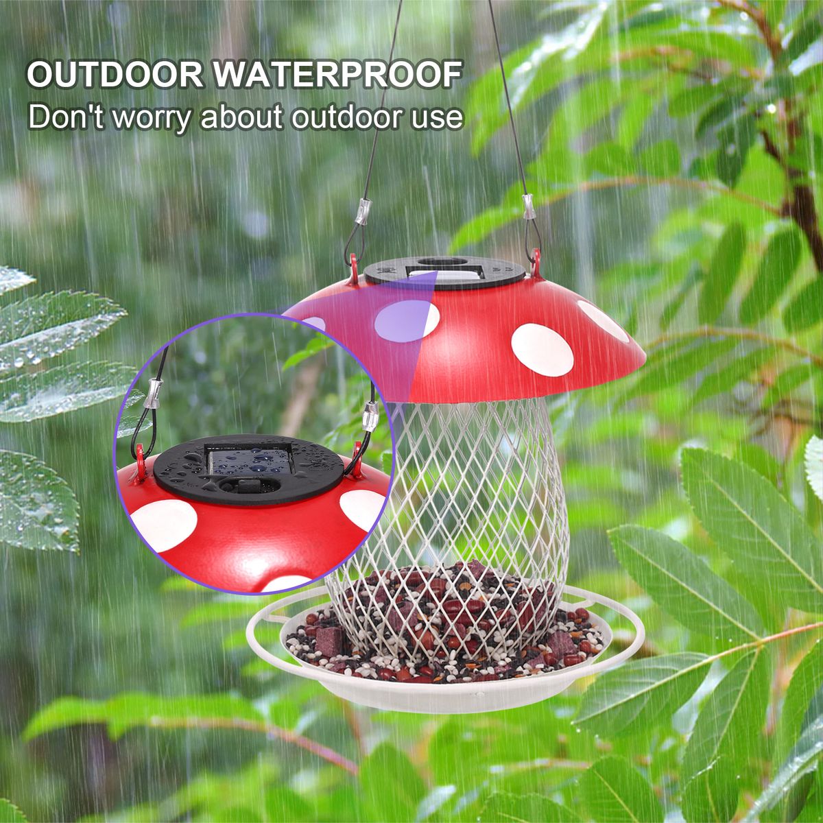 Tomfeel Mushroom Bird Feeder Solar Lamp Lights Wild Bird