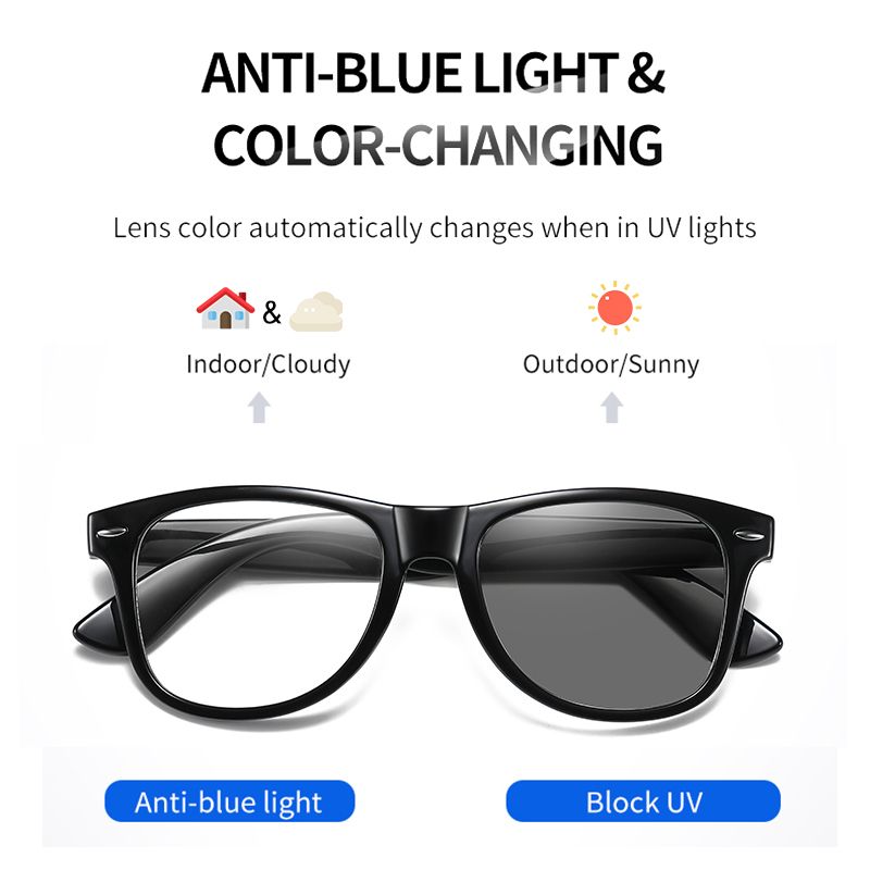 (Black Frame)Design Square Glasses Women Men Photochromic Anti Blue Ray Light