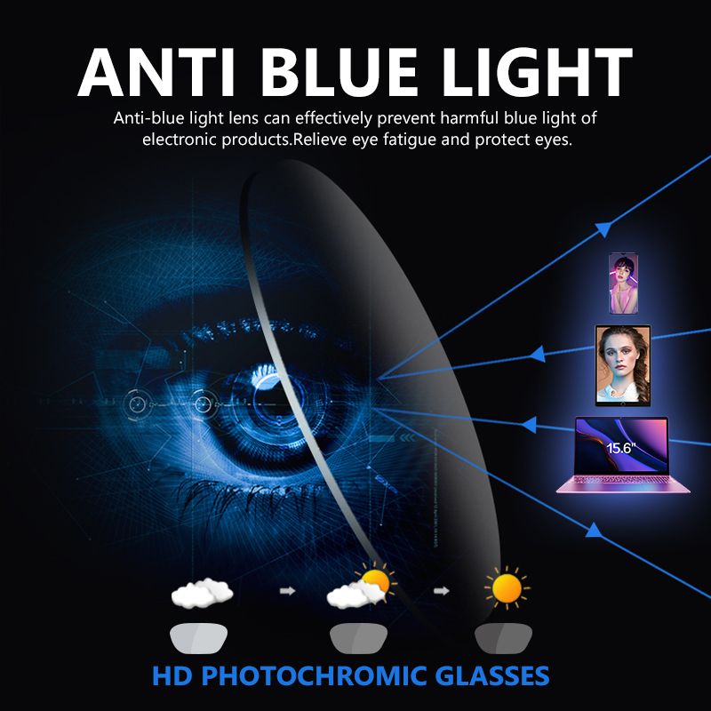 (Black Frame)Design Square Glasses Women Men Photochromic Anti Blue Ray Light