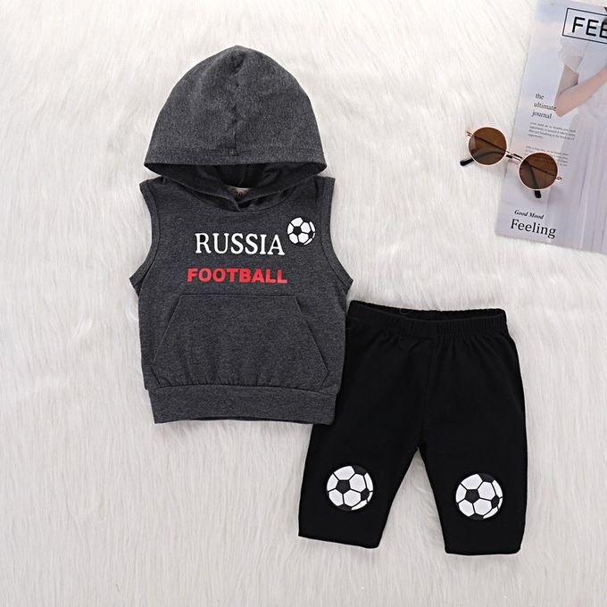 Fashionable Hildren Baby Boys Sleeveless Hooded Vest Tops + Long Pants Set-bla K-90