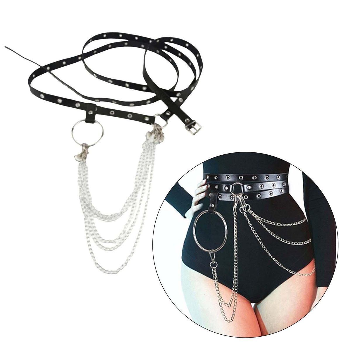 Gothic Women Waist Chain Belt Black Metal Chain Tassel One Size
