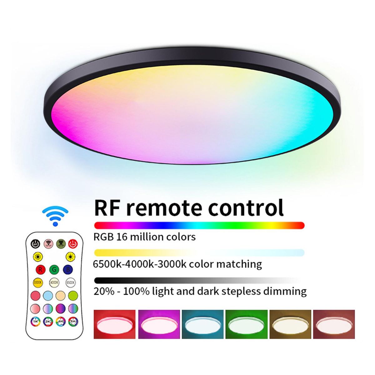 Neoglint RGBCW Full Color Ceiling Lamp Round LED Ceiling Light Fixture for Bedroom Living Room Stepless Dimming with RF Remote Control