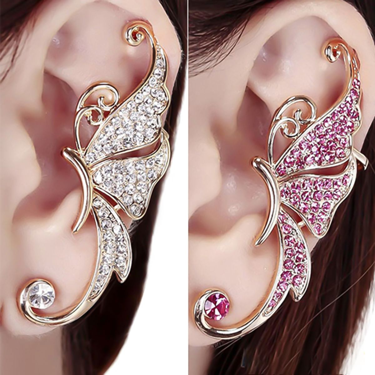 1Pc Ear Cuff Butterfly Wing Shape Rhinestone Inlaid Women Fashion Wrap Earring For Party-Golden+White
