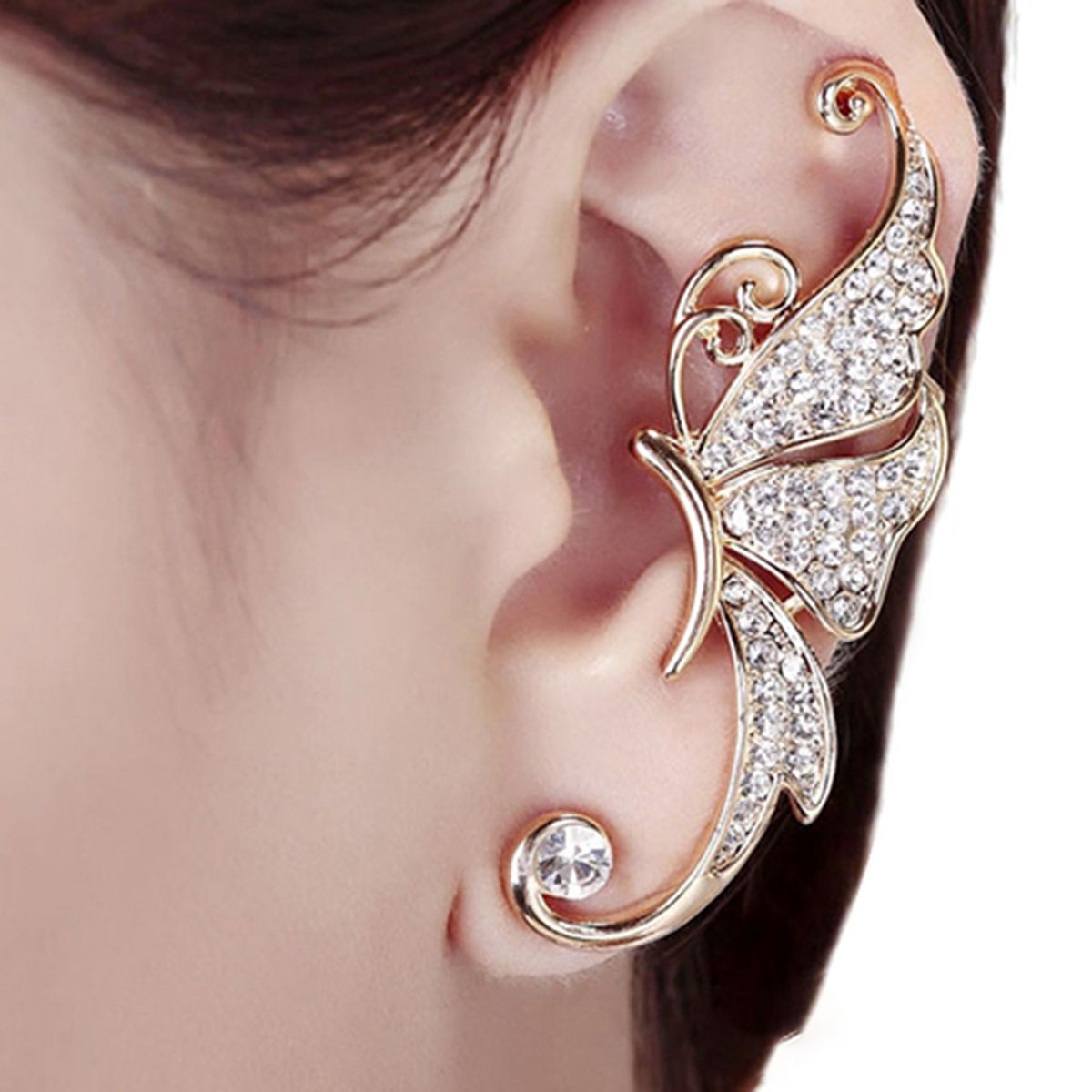1Pc Ear Cuff Butterfly Wing Shape Rhinestone Inlaid Women Fashion Wrap Earring For Party-Golden+White