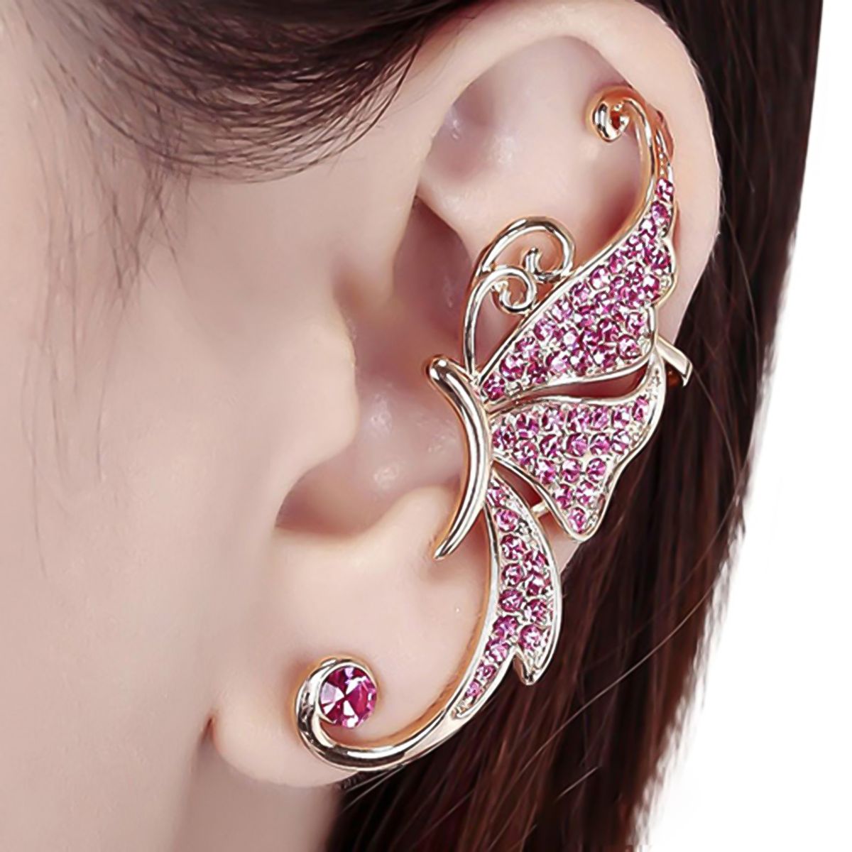 1Pc Ear Cuff Butterfly Wing Shape Rhinestone Inlaid Women Fashion Wrap Earring For Party-Golden+White