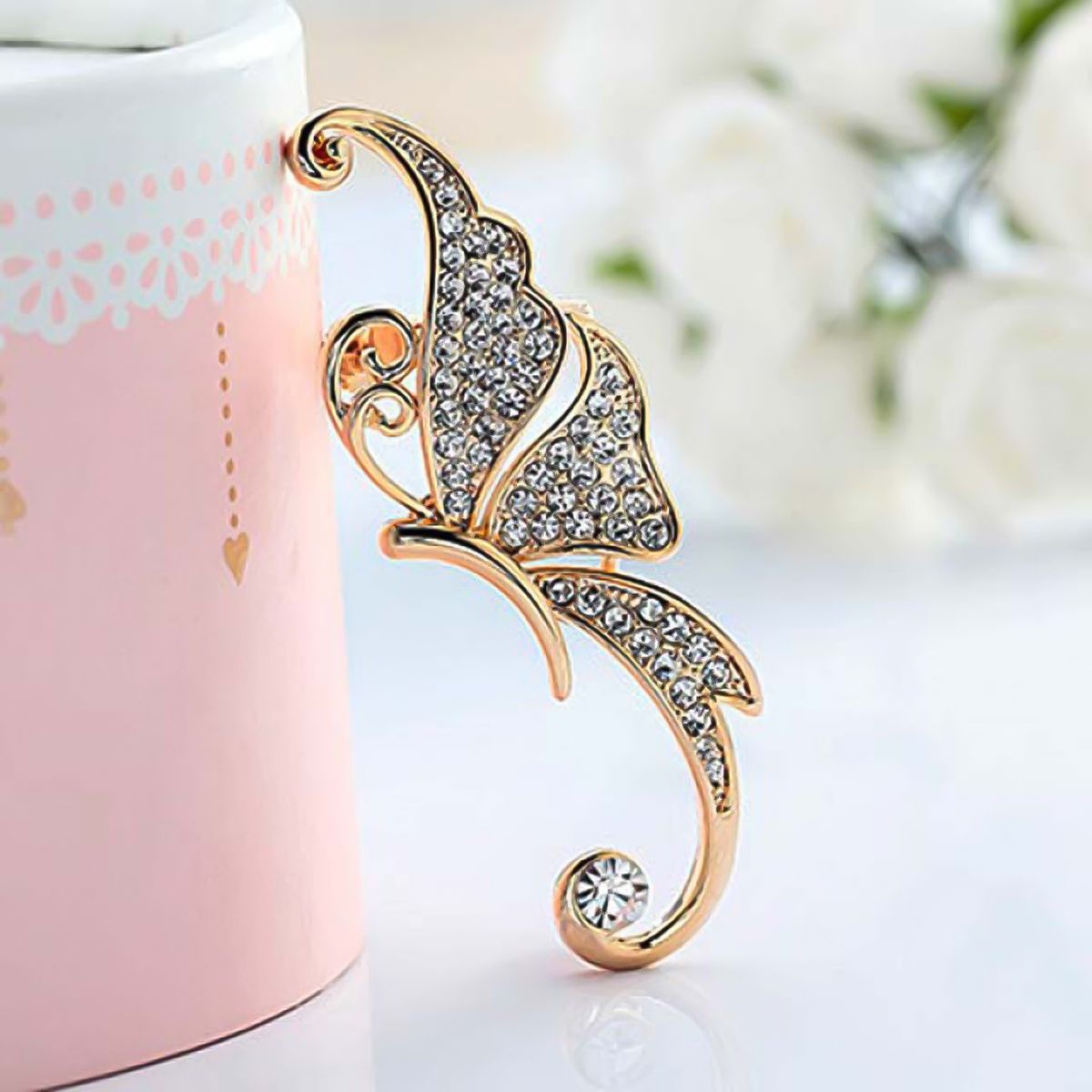 1Pc Ear Cuff Butterfly Wing Shape Rhinestone Inlaid Women Fashion Wrap Earring For Party-Golden+White