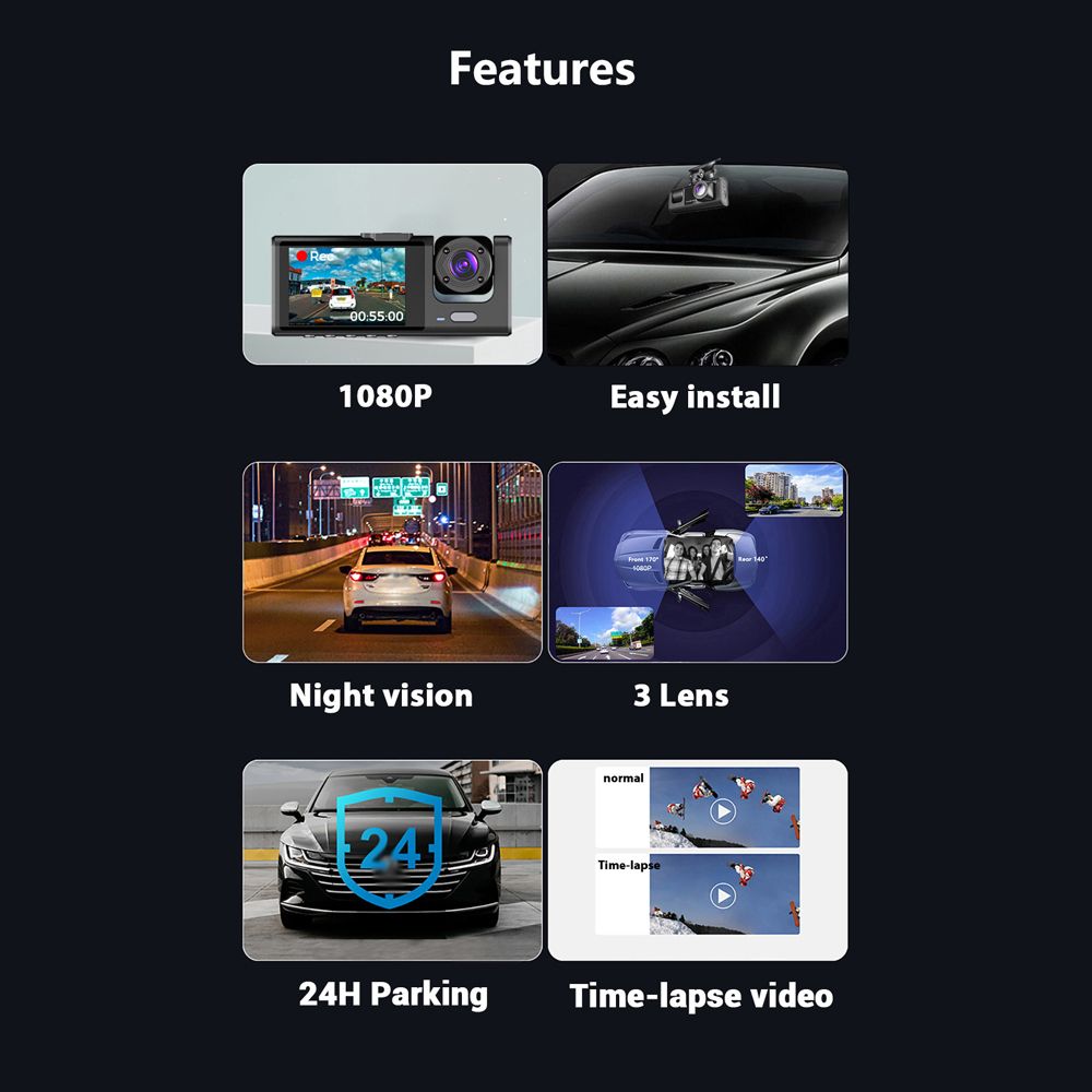 1080P DVR Dash Camera Front & Inside & Rear Driving Recorder