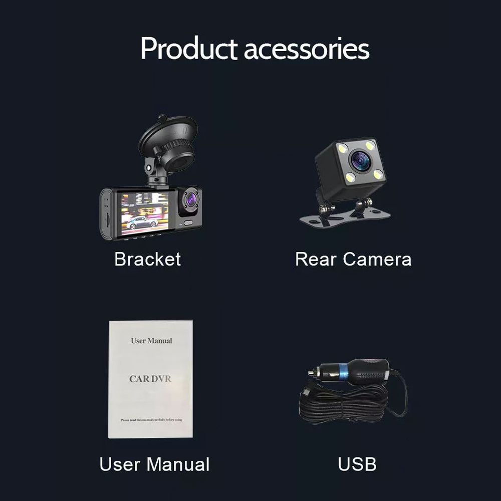 1080P DVR Dash Camera Front & Inside & Rear Driving Recorder
