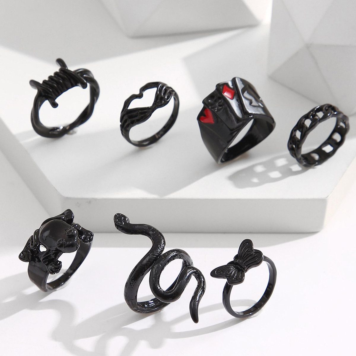 7Pcs Rings Men Women Punk Goth Snake Rings Black