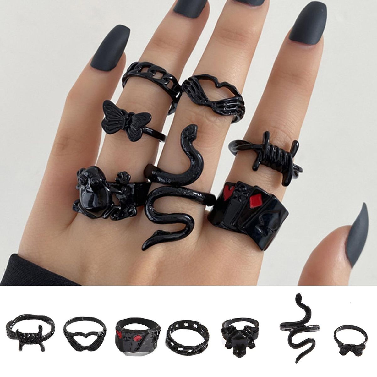 7Pcs Rings Men Women Punk Goth Snake Rings Black