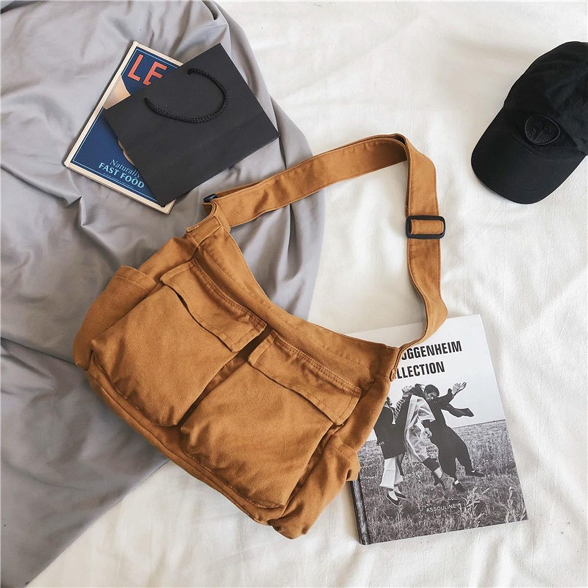 Tooling style shoulder messenger bag men and women ins canvas bag student school bag street large capacity art leisure bag brown