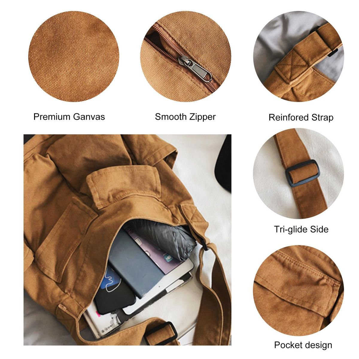 Tooling style shoulder messenger bag men and women ins canvas bag student school bag street large capacity art leisure bag brown