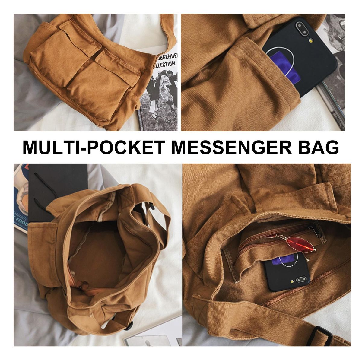 Tooling style shoulder messenger bag men and women ins canvas bag student school bag street large capacity art leisure bag brown