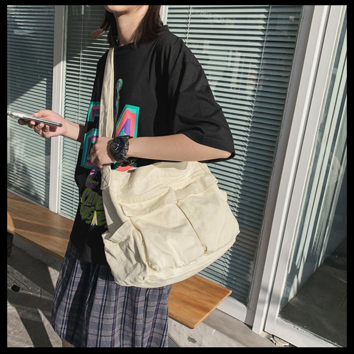 Tooling style shoulder messenger bag men and women ins canvas bag student school bag street large capacity art leisure bag brown