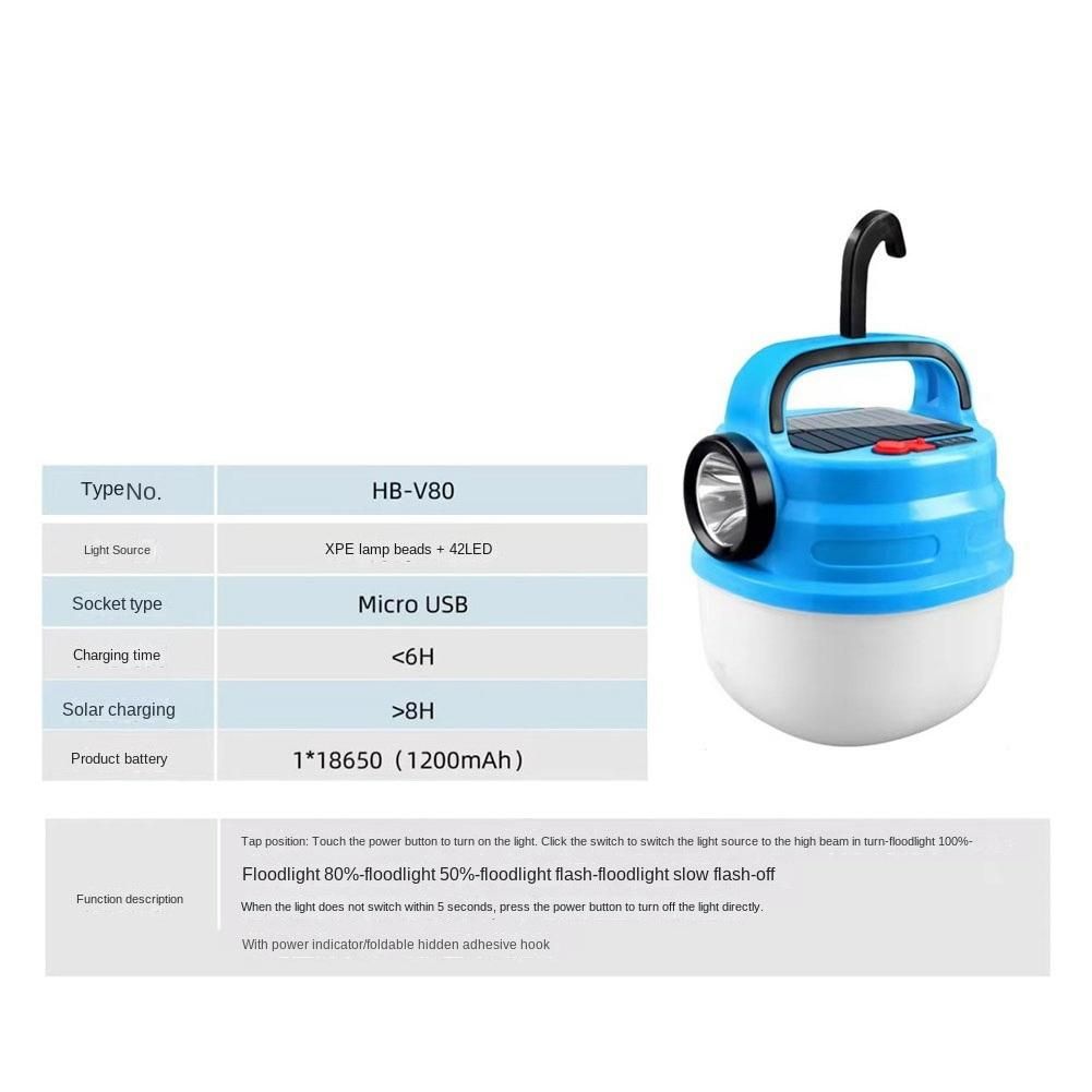 80W Portable Outdoor Solar Power Camping Light USB Rechargeable Tent Lamp Camp Lanterns Emergency LightsBlue
