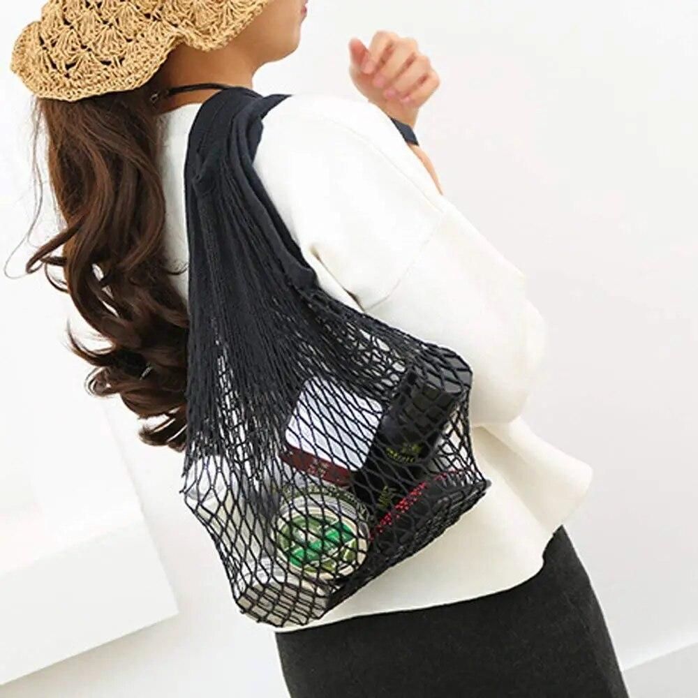 2Pcs Portable Reusable Mesh Cotton Net String Bag Organizer Shopping Tote Handbag Fruit Storage Shopper NEW (black,beige)