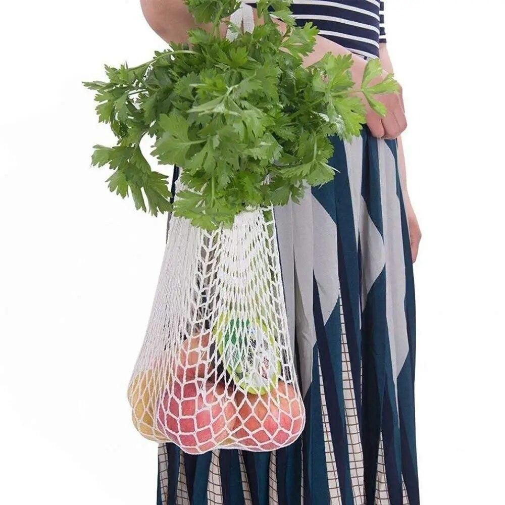 2Pcs Portable Reusable Mesh Cotton Net String Bag Organizer Shopping Tote Handbag Fruit Storage Shopper NEW (black,beige)