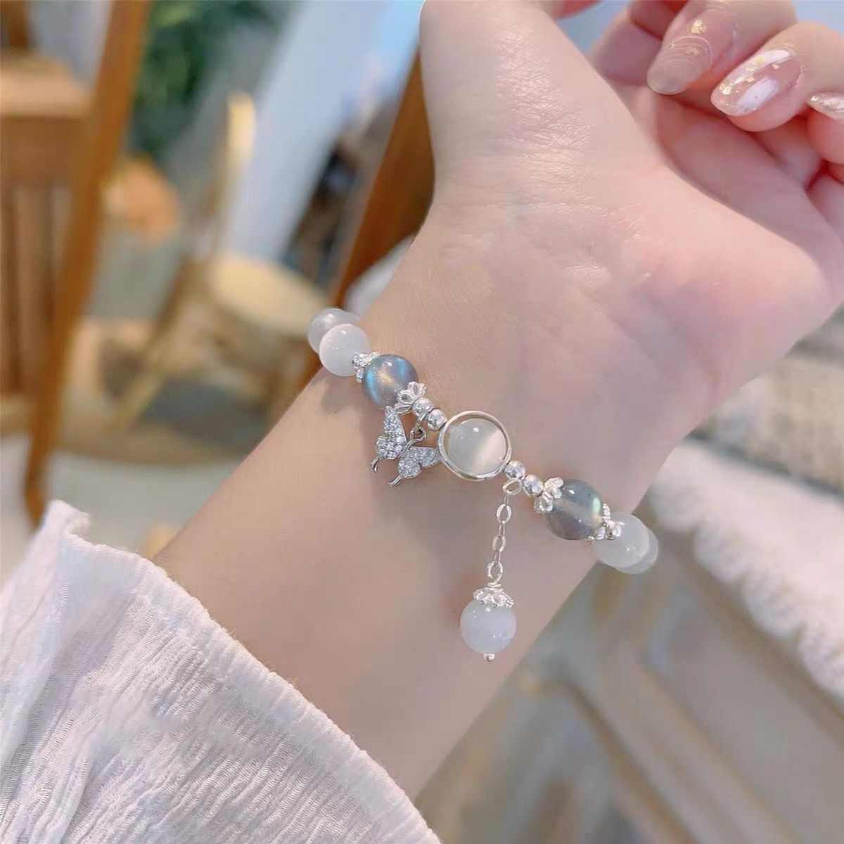 Imitation Opal Bracelet Opal Butterfly Pendant Elastic Band for Women Silver