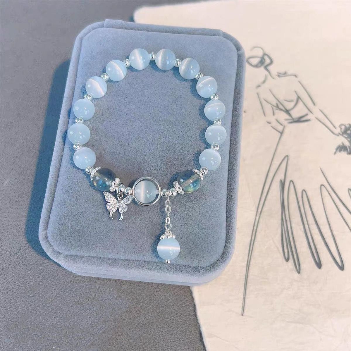 Imitation Opal Bracelet Opal Butterfly Pendant Elastic Band for Women Silver