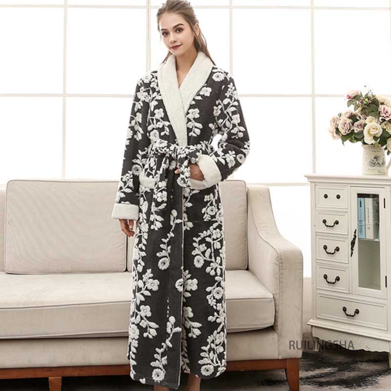 (Black Men A)Lovers Robe Women Winter Flannel Bathrobe Thicken Warm Kimono Bath Gown Sleepwar Night
