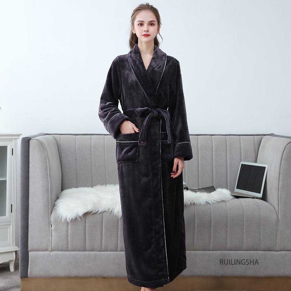 (Black Men A)Lovers Robe Women Winter Flannel Bathrobe Thicken Warm Kimono Bath Gown Sleepwar Night