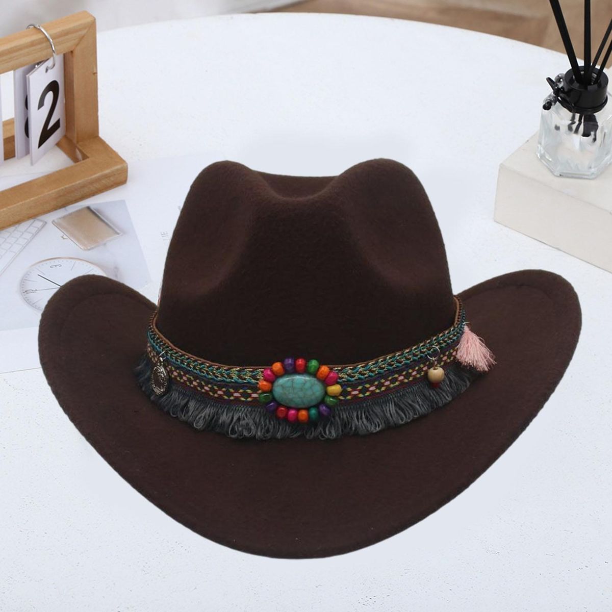 Cowboy Hat Ethnic Style Beaded Fedora Hat Woolen Top Hat for Men Women Dark Coffee