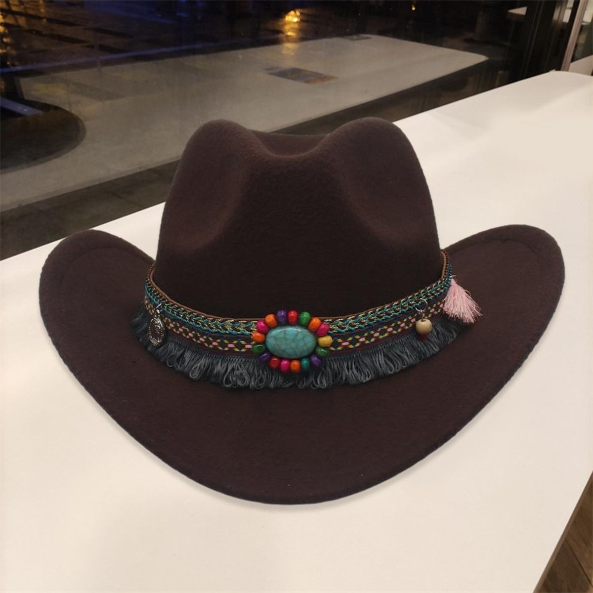 Cowboy Hat Ethnic Style Beaded Fedora Hat Woolen Top Hat for Men Women Dark Coffee