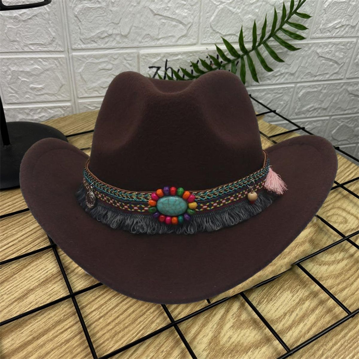 Cowboy Hat Ethnic Style Beaded Fedora Hat Woolen Top Hat for Men Women Dark Coffee
