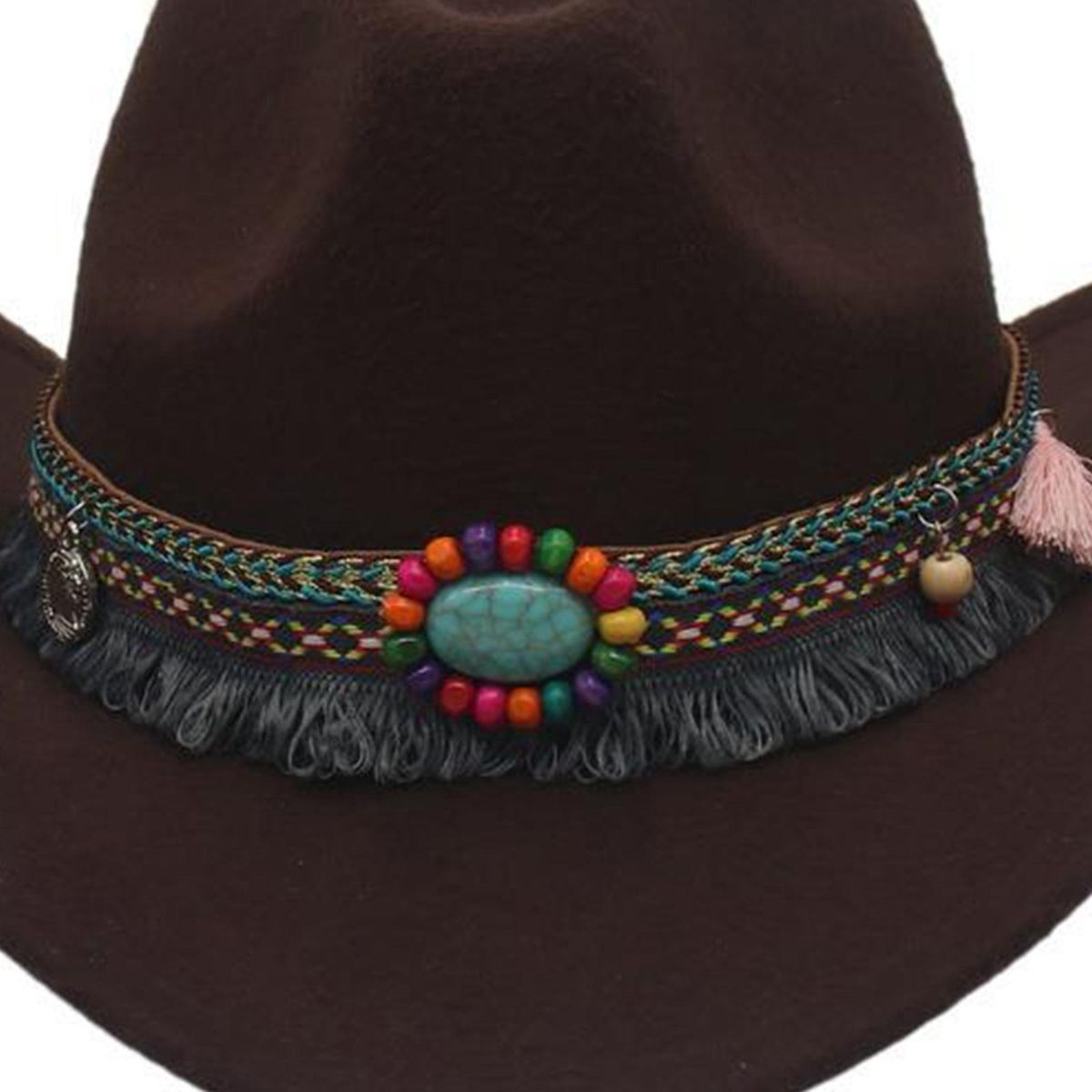 Cowboy Hat Ethnic Style Beaded Fedora Hat Woolen Top Hat for Men Women Dark Coffee