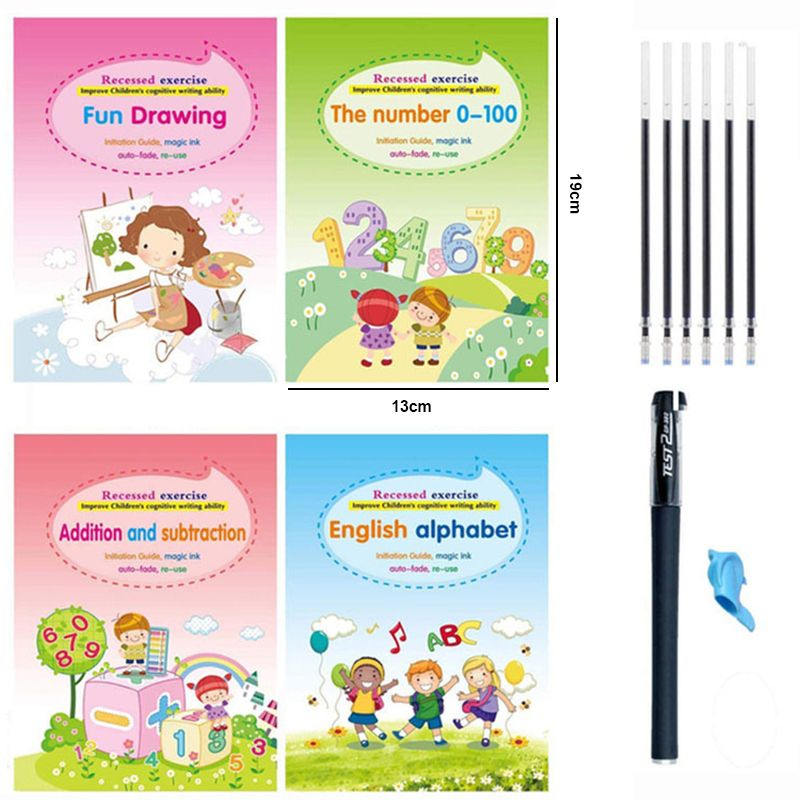 4 Magic Copybooks Children's Toy Writing Reusable Free Wiping English Maths Drawing Children's Toy Writing Practice Copy Book 4book Set1 844