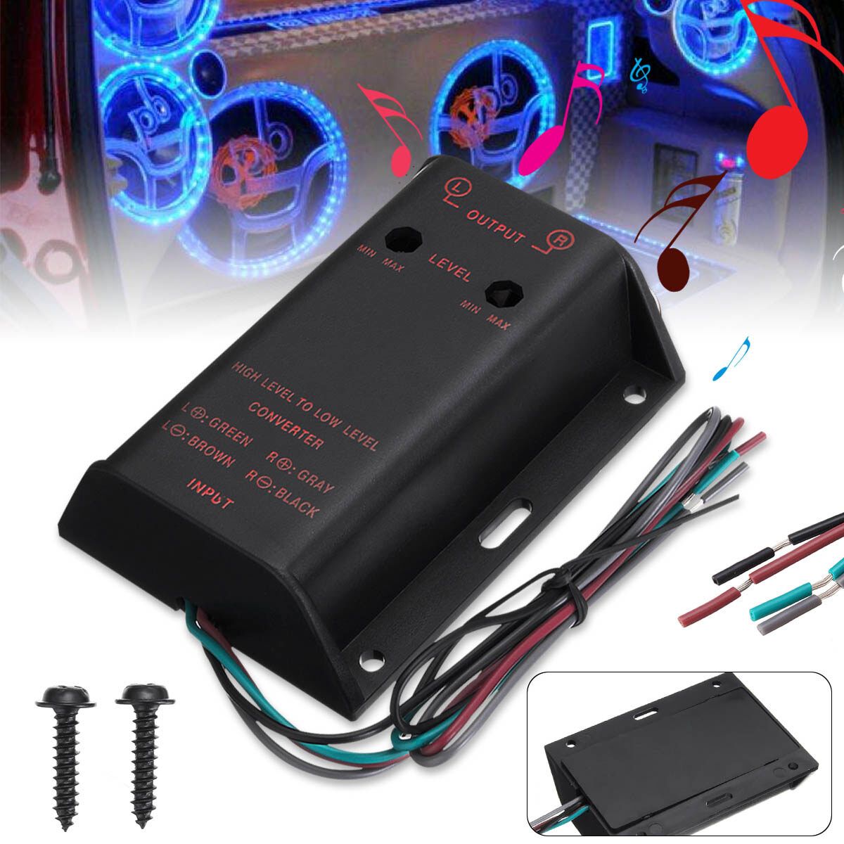 Speaker High To Low Level Line Output Amplifier Converter Adapter Cable 2 RCA