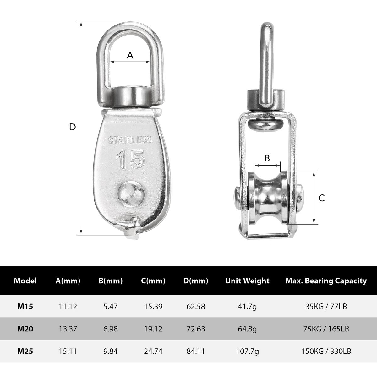 3pcs Lifting Single Pulley Stainless Steel Heavy Duty Single