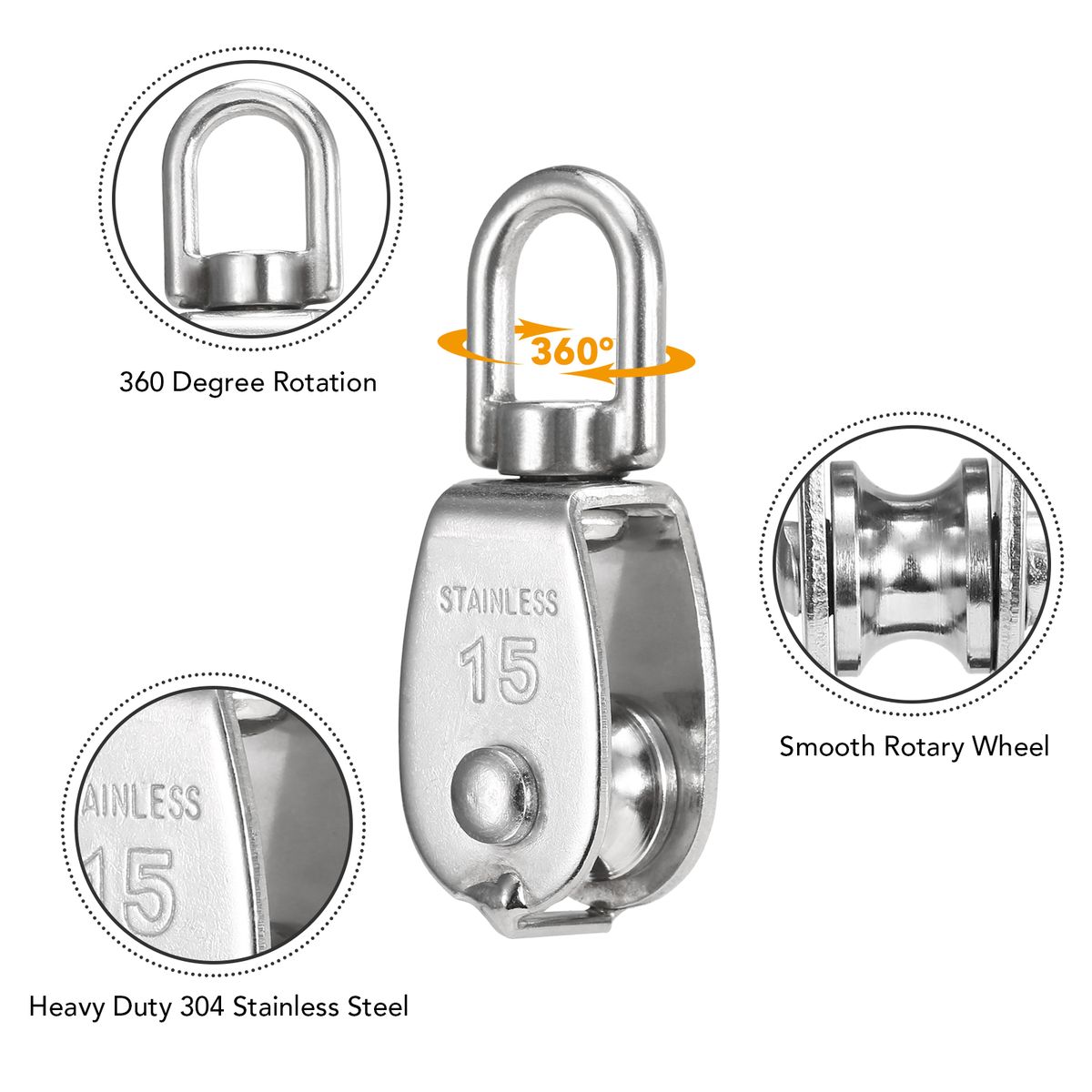 3pcs Lifting Single Pulley Stainless Steel Heavy Duty Single