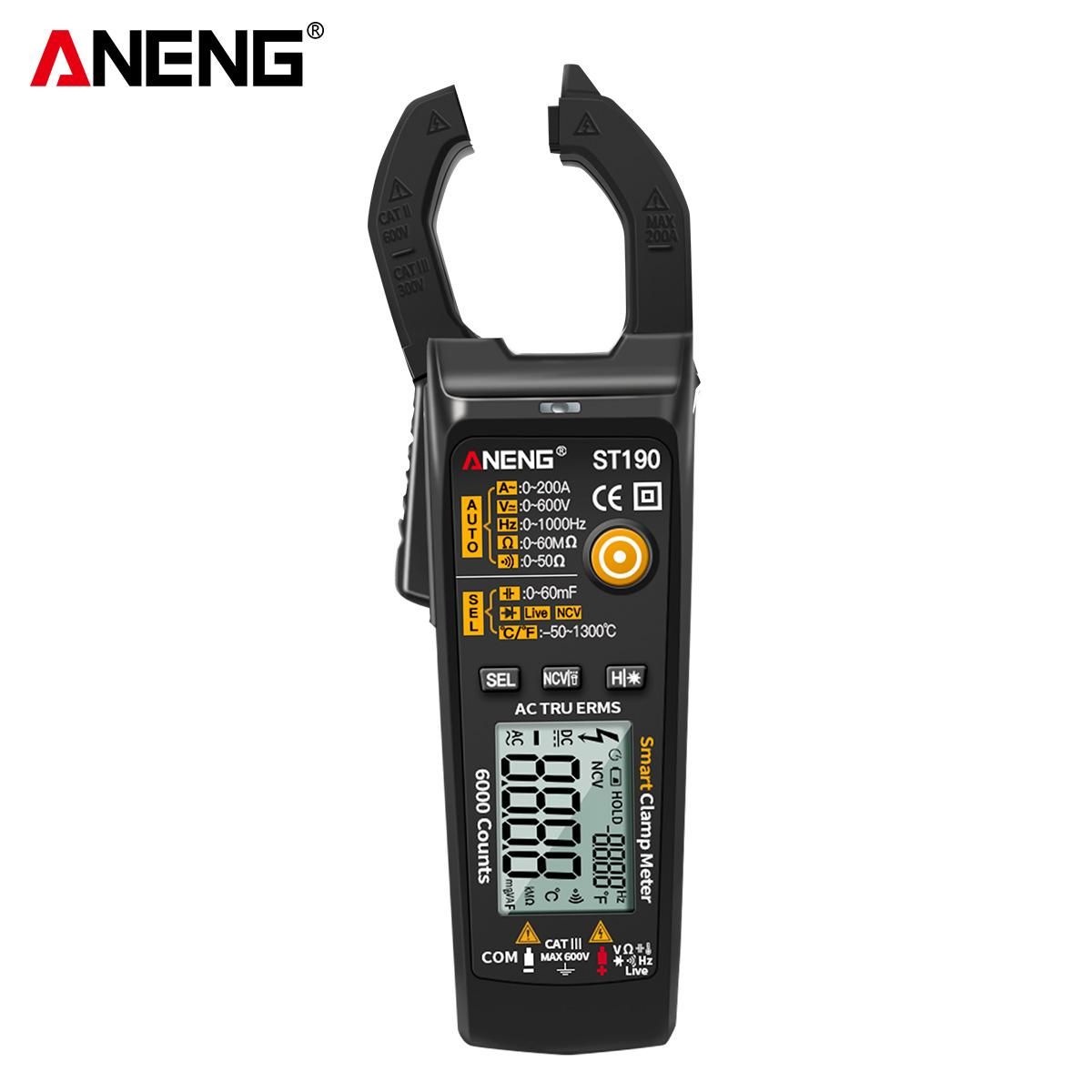 ANENG ST190 Smart Clamp Meter 6000 Counts Auto-ranging Digital Multimeter LCD Screen AC DC Voltage AC Current Detector Pen Temperature Measuring LED Flashlight Multifunction Voltage Meter Continuity Resistance Frequency Testi