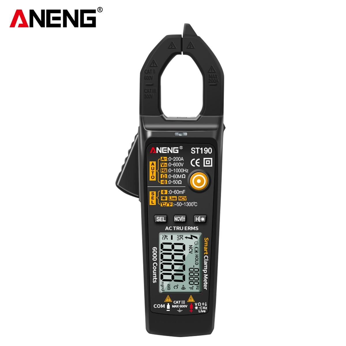 ANENG ST190 Smart Clamp Meter 6000 Counts Auto-ranging Digital Multimeter LCD Screen AC DC Voltage AC Current Detector Pen Temperature Measuring LED Flashlight Multifunction Voltage Meter Continuity Resistance Frequency Testi