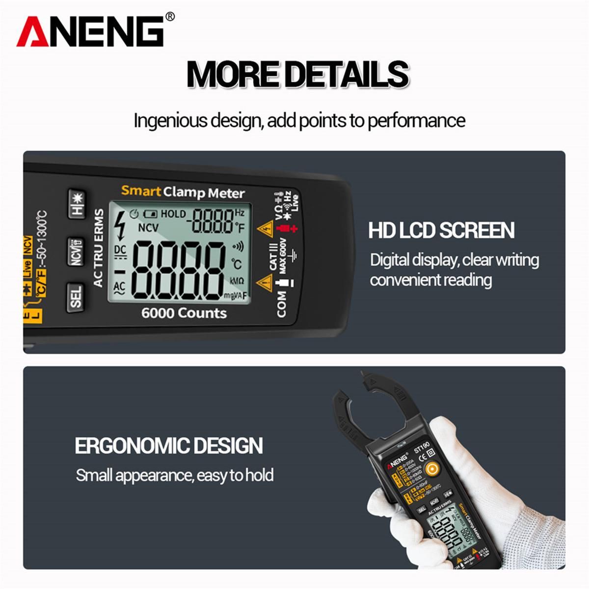 ANENG ST190 Smart Clamp Meter 6000 Counts Auto-ranging Digital Multimeter LCD Screen AC DC Voltage AC Current Detector Pen Temperature Measuring LED Flashlight Multifunction Voltage Meter Continuity Resistance Frequency Testi