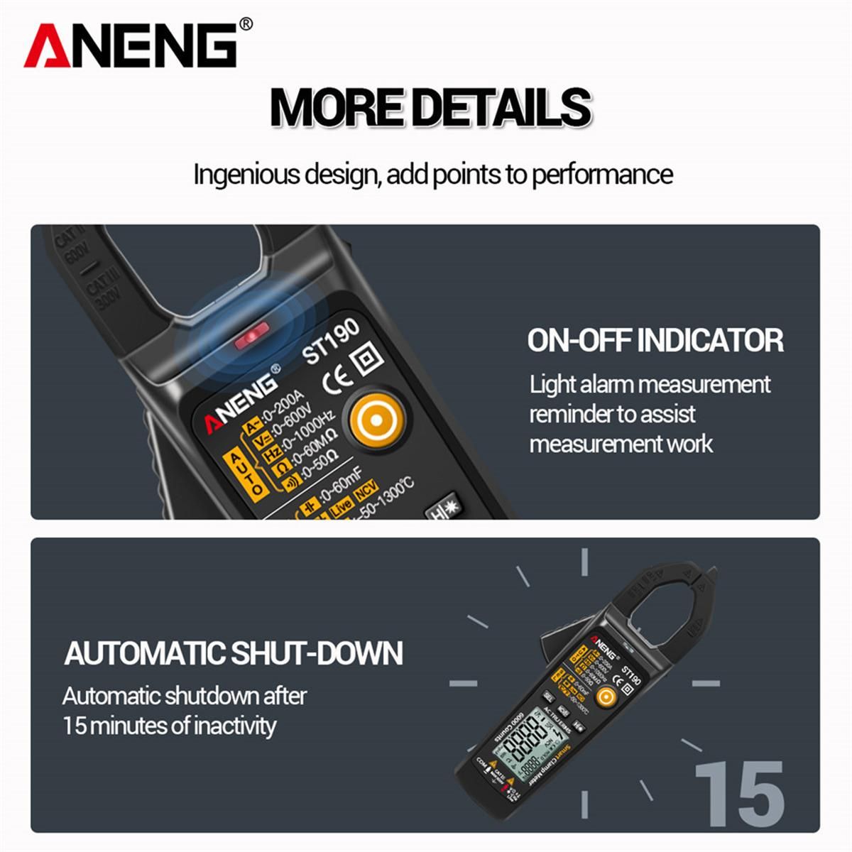 ANENG ST190 Smart Clamp Meter 6000 Counts Auto-ranging Digital Multimeter LCD Screen AC DC Voltage AC Current Detector Pen Temperature Measuring LED Flashlight Multifunction Voltage Meter Continuity Resistance Frequency Testi