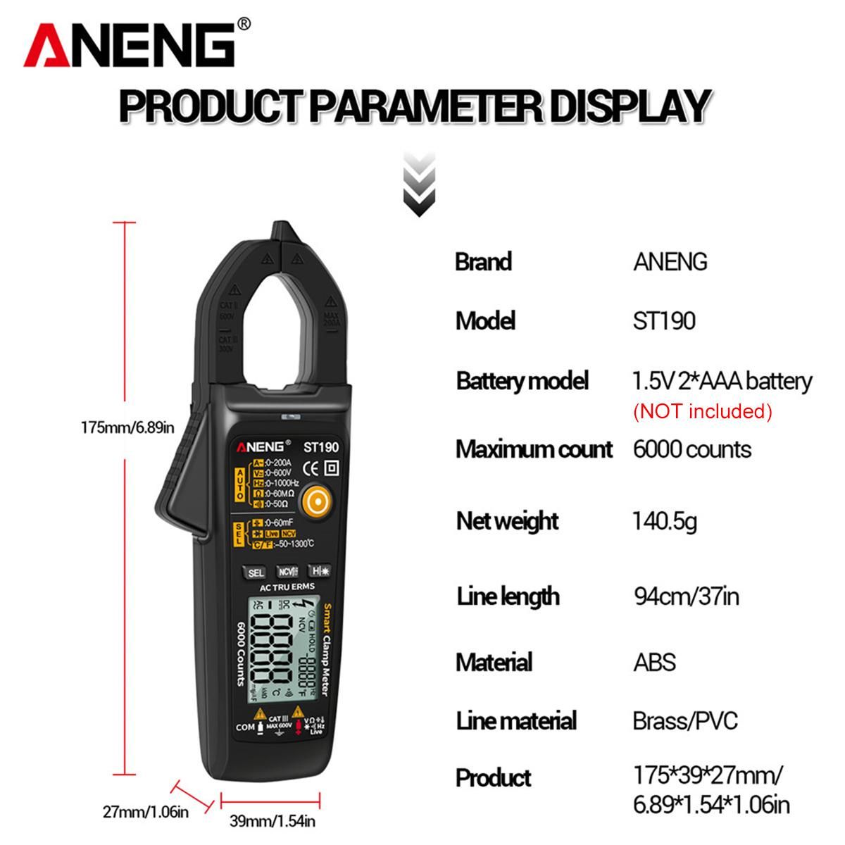 ANENG ST190 Smart Clamp Meter 6000 Counts Auto-ranging Digital Multimeter LCD Screen AC DC Voltage AC Current Detector Pen Temperature Measuring LED Flashlight Multifunction Voltage Meter Continuity Resistance Frequency Testi