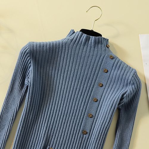Women Turtle Neck Knit Slim Fit Sweater Casual Long Sleeve Jumper Tops Button Decor - Blue
