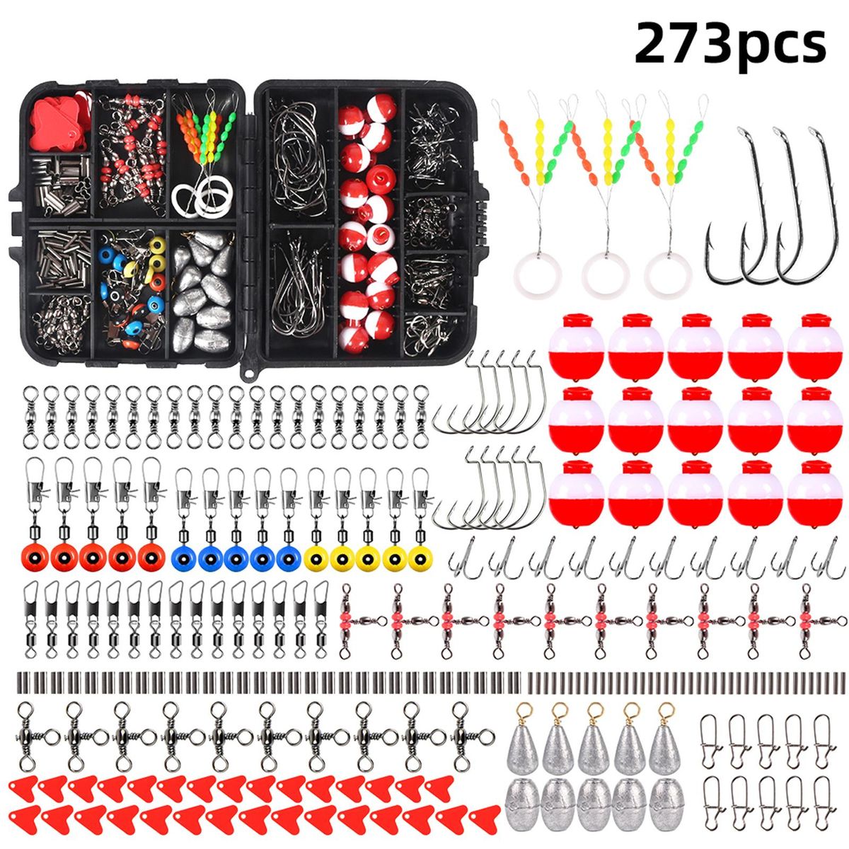 273pcs Fishing Accessories Kit Including Swivel Snap Hooks Sinker Slides Fishing Tackle Box