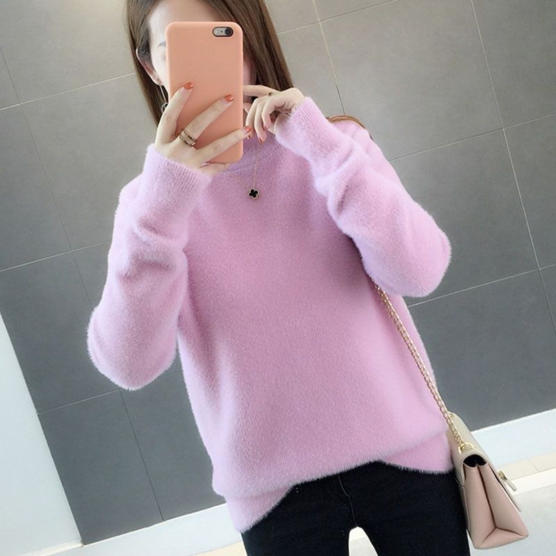 Warm Fall Knitted Faux Mink Fur Pullover Women Long Hair Turtle Neck Tops Ladies White Solid Color Jumper Casual Femme Pull Top(#Purple)