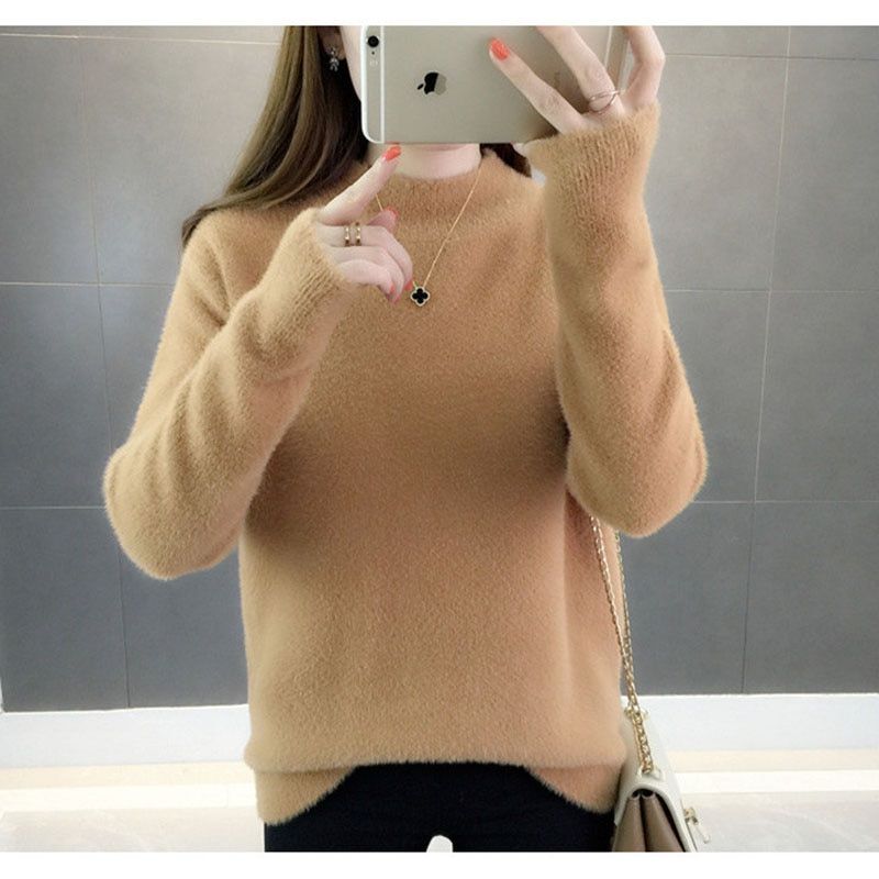 Warm Fall Knitted Faux Mink Fur Pullover Women Long Hair Turtle Neck Tops Ladies White Solid Color Jumper Casual Femme Pull Top(#Purple)