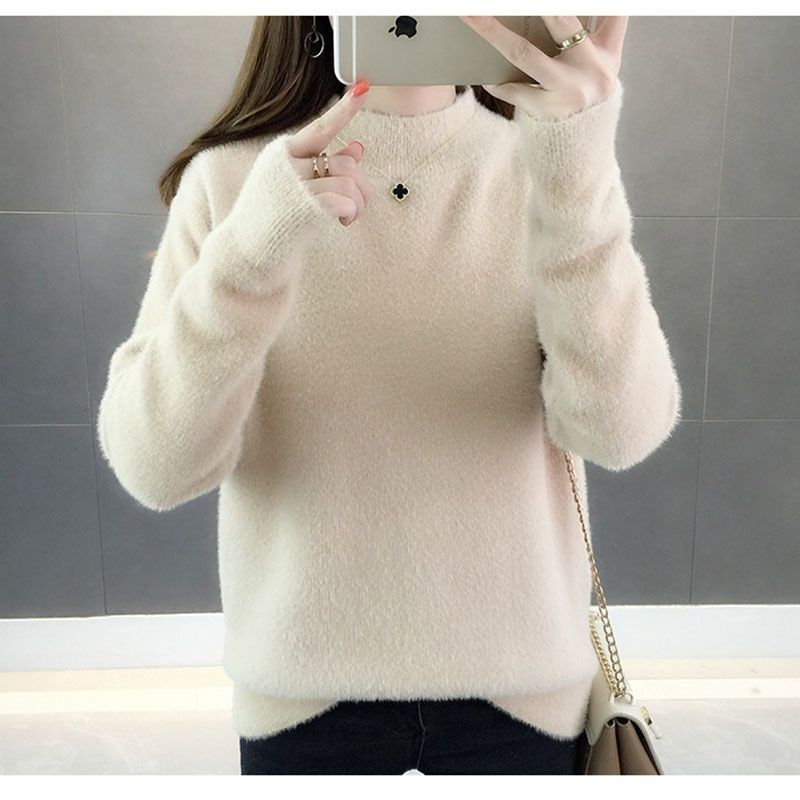 Warm Fall Knitted Faux Mink Fur Pullover Women Long Hair Turtle Neck Tops Ladies White Solid Color Jumper Casual Femme Pull Top(#Purple)