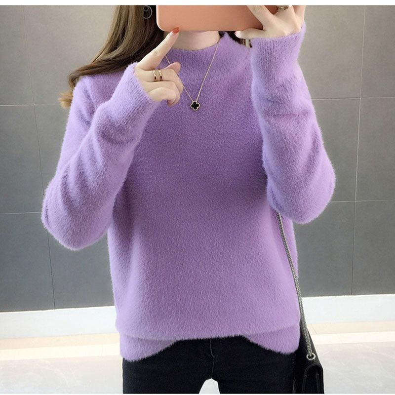 Warm Fall Knitted Faux Mink Fur Pullover Women Long Hair Turtle Neck Tops Ladies White Solid Color Jumper Casual Femme Pull Top(#Purple)