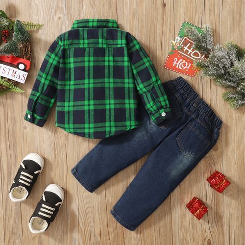 1-6Y Kid Boys Clothes Set Long Sleeves Green Plaid Shirt Ripped Denim Pants