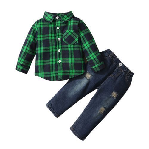 1-6Y Kid Boys Clothes Set Long Sleeves Green Plaid Shirt Ripped Denim Pants