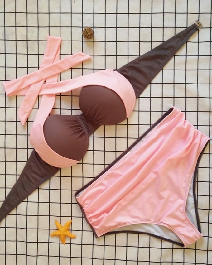 New Sexy Bikini Women Swimsuit High Waist Swimwear Plus Size Bathing Suit 6-16 Pink Patchwork Bikini Set