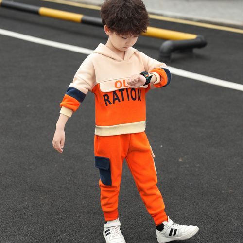 Kids Clothes Boys' Hooded Sweater Pants Suits Two-piece Orange Sets