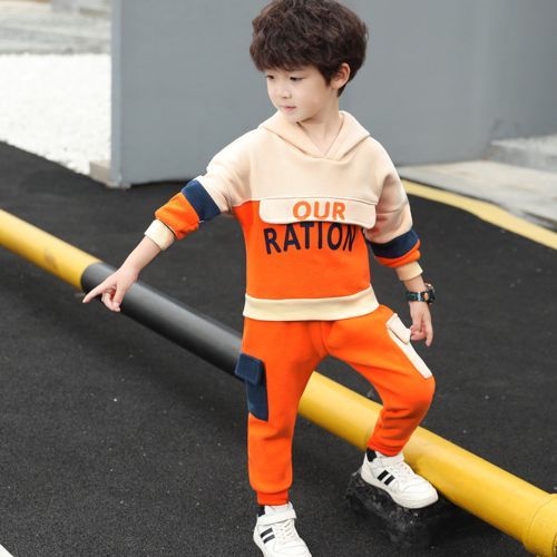 Kids Clothes Boys' Hooded Sweater Pants Suits Two-piece Orange Sets
